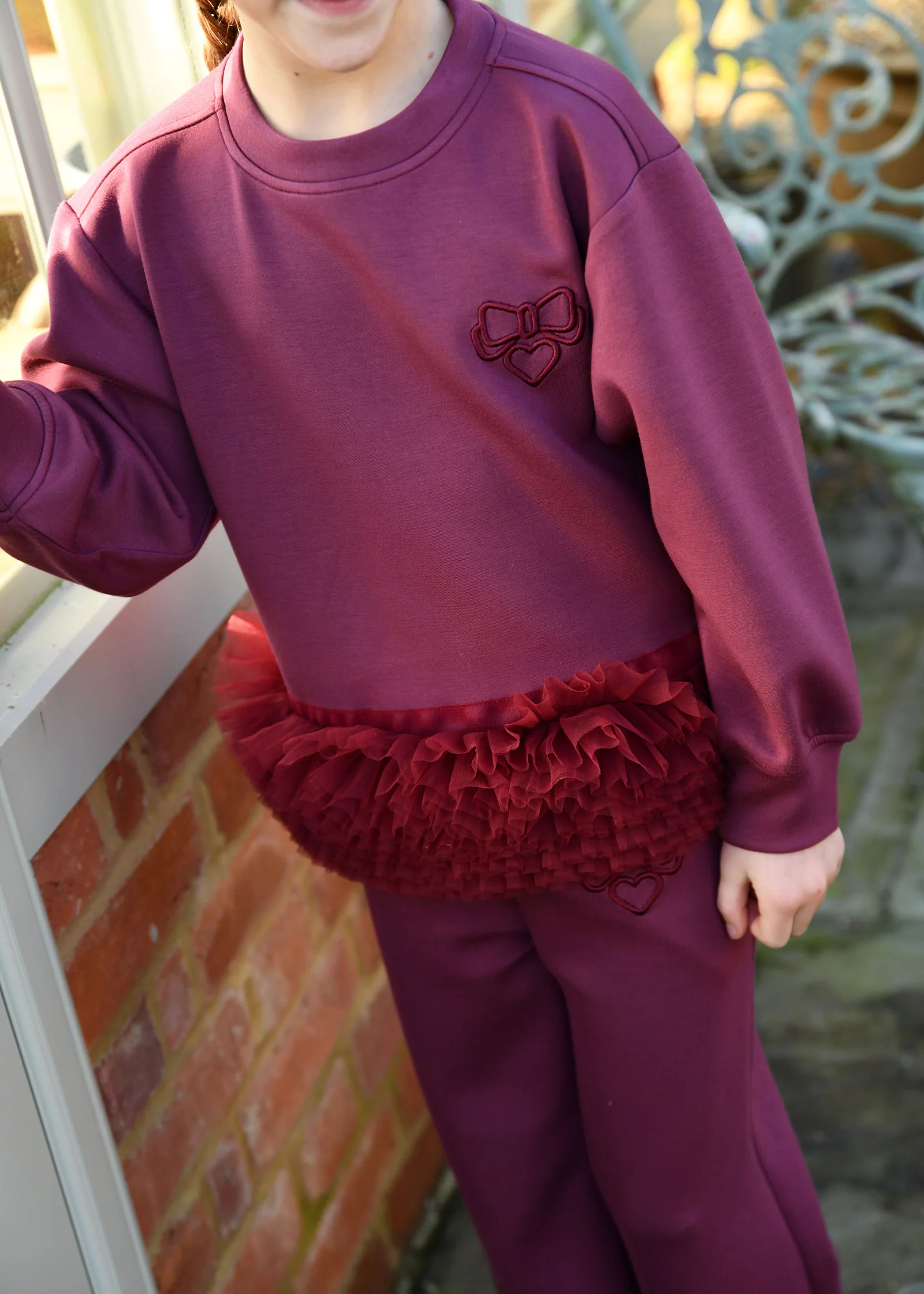 Deonne Tulle Trim Top and Jogger Set Burgundy - Image 3